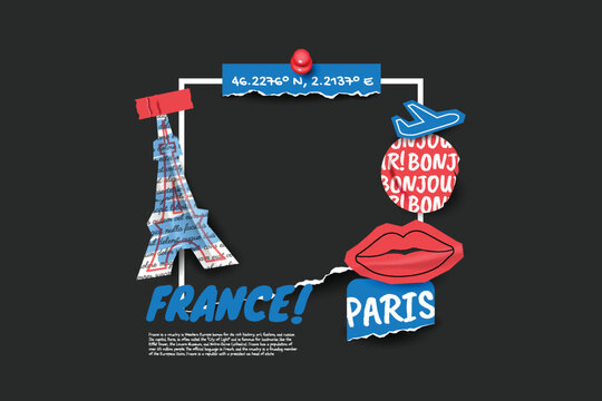France travel frame collage photos with scrapbook torn paper style.