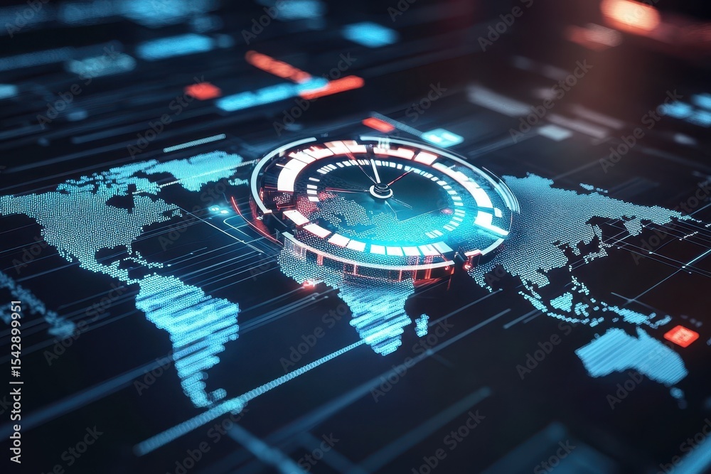 Poster digital clock overlaying a world map interface showcases global time zones and technology integratio