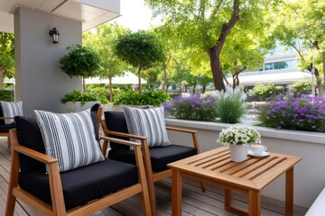 Fototapeta premium Wooden chairs and table decorating a relaxing outdoor patio