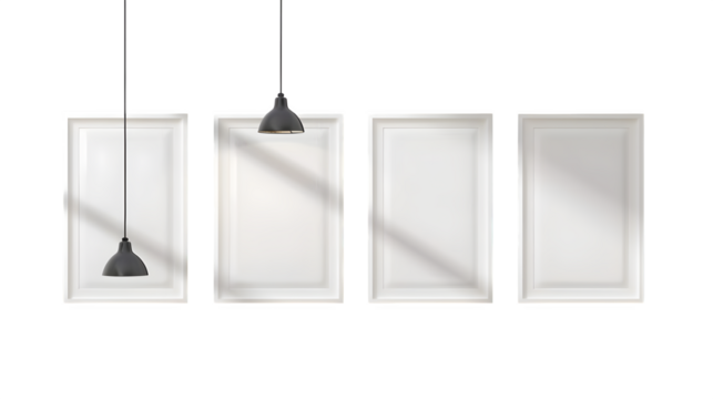 Elegant white frames mockup with hanging pendant lamps casting sunlight shadows ideal for interior design presentations or artwork displays