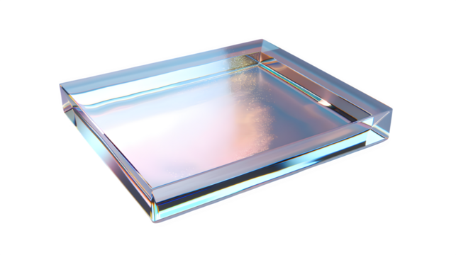 Elegant iridescent glass tray showcasing a subtle light reflection on its smooth surface ideal for product display or modern decor - Powered by Adobe