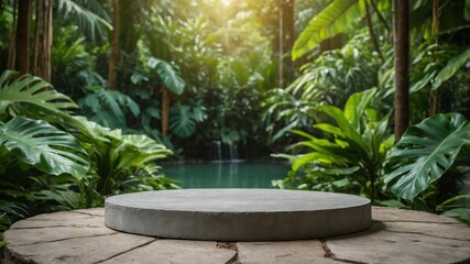 Gray concrete pedestal in a lush tropical garden.