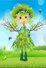 composition with spring girl and spring landscape