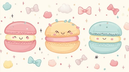 77.Playful vector depiction of pastel-colored macaroons adorned with expressive doodle faces and tiny sketched elements like bows, clouds, and sparkles.