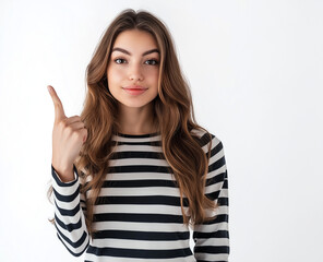 Smiling Woman in Striped Shirt Pointing Up – Studio Portrait with White Background, Perfect for Advertising, Branding, or Marketing Campaigns