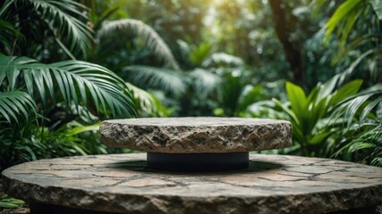 Stone platform in a lush green garden setting.