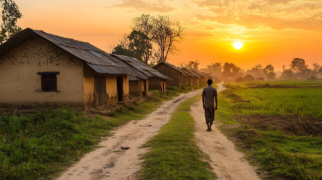Rural man walking along an unpaved village road with view of mud houses at sunset