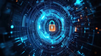 Fototapeta premium Digital Lock Symbol Representing Cybersecurity and Data Protection Concept, A HighTech Feel Against a Dark Background, Showcasing Governments Commitment to Protect Digital Assets, Ideal for Web Banne