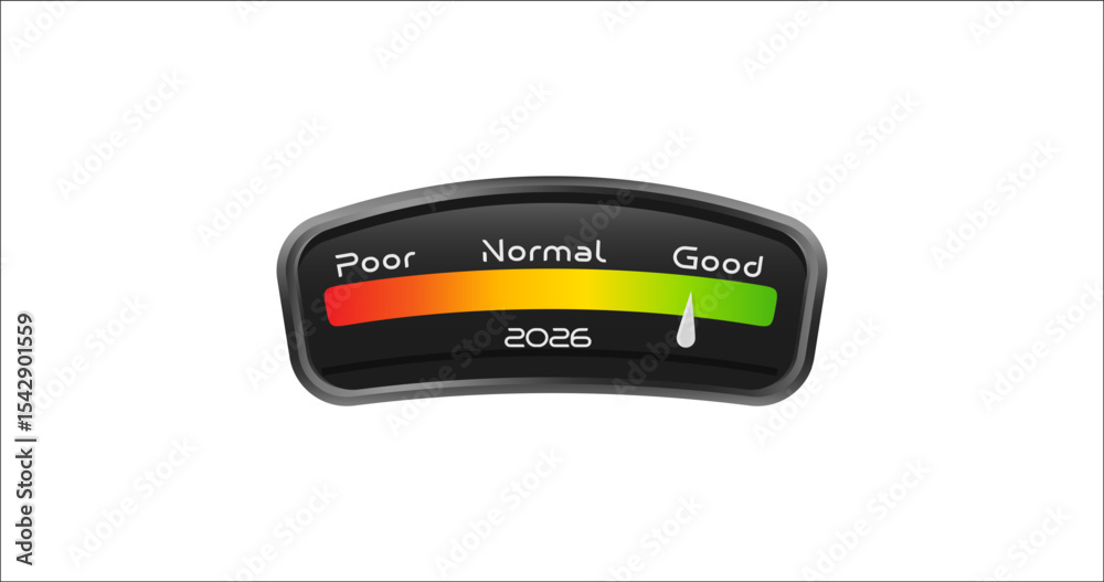 Poster speedometer dashboard with 2026 and indicator in green. symbol of positive progress, growth, readine