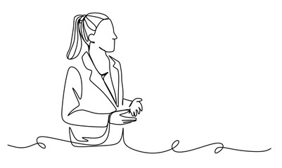 continuous one line art of a female office worker with tied hair discussing work