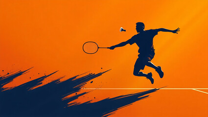 Fototapeta premium Badminton Silhouette Smash on Orange and Indigo Background – Intense Sports Art