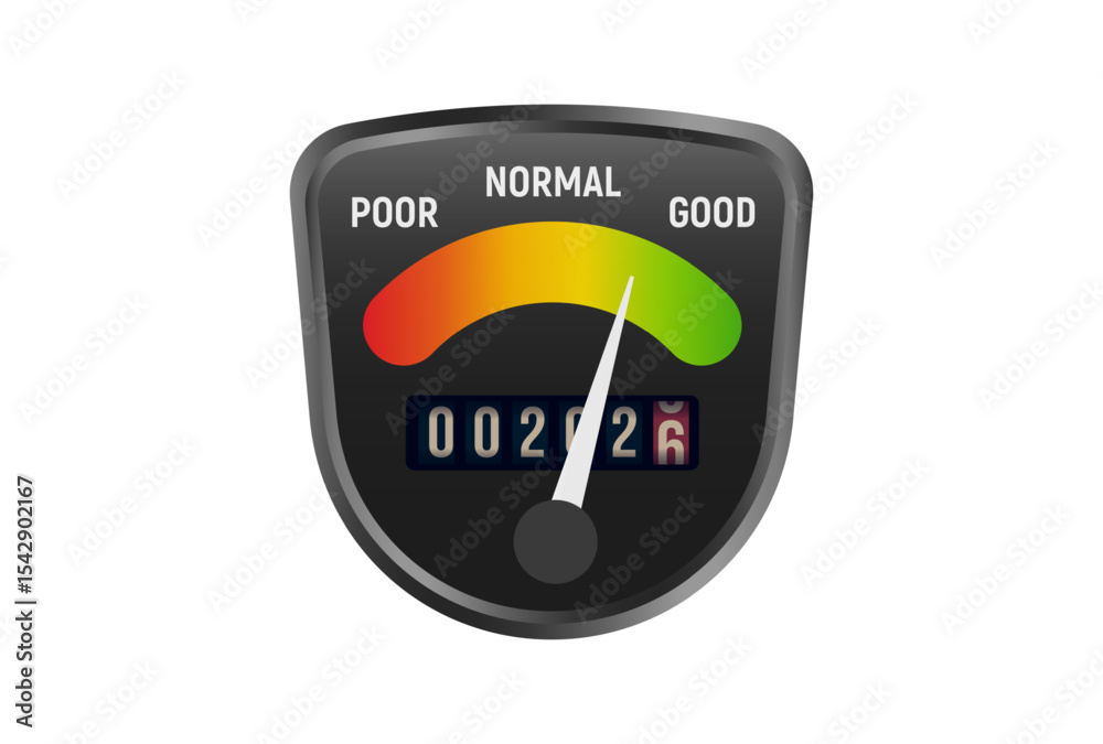 Aufkleber Progress Tracker With 2026 Countdown And Quality Gauge, Arrow In Green, Symbolizing Success, Performance Readiness And Business Development. Vector Illustration.
