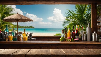Tropical beach bar counter with drinks and cocktails.