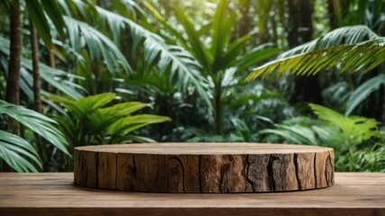 Wooden disc display platform in a tropical garden setting.