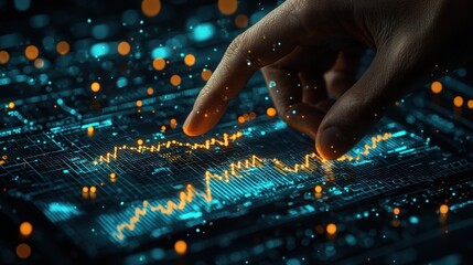Fingertip interaction with glowing digital chart.