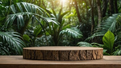 Wooden disc display platform in a lush forest.