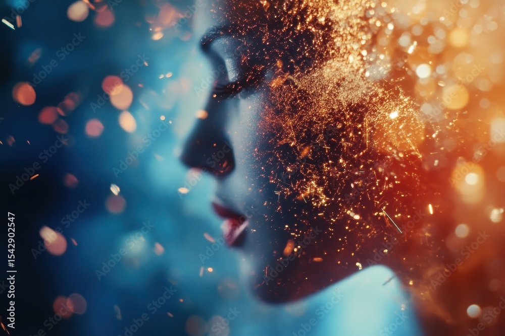 Poster Defocused blue background with vibrant particles creating a dynamic and ethereal atmosphere around a profile, defocused particles background blue video