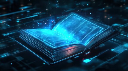 Digital Tome: An Open Book Illuminated by Futuristic Technology and Data