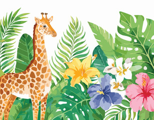 Fototapeta premium Tropical Jungle Pattern with Exotic Animals and Flowers , Watercolor hand drawn Illustration.backgrounds, canada, no people, paint, rainforest, textile, cheetah, design element, lily, palm tree, art, 