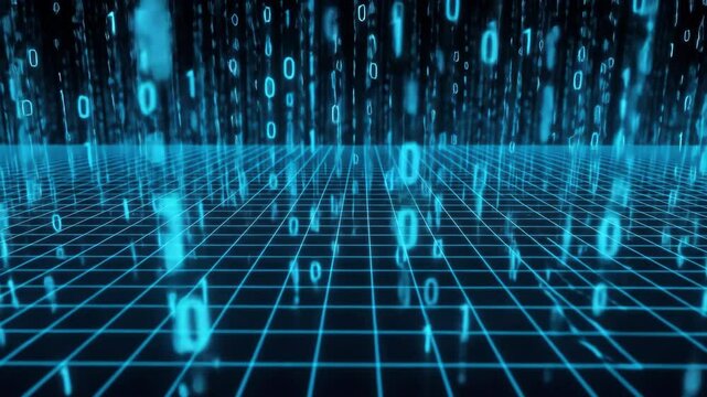 Digital binary code with glowing grid, blue technology, data stream concept.