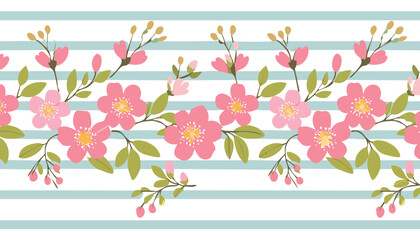Vintage flower stripe pattern with pink blossoms on green striped background. Vector cute cartoon hand drawn illustration. Ideal textile printing, baby clothes, wallpaper,children, elegant, layout,