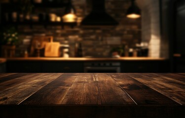 Dark Wooden Tabletop Against Rustic Kitchen Interior