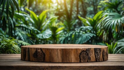Rustic wooden stump display in a lush tropical setting.