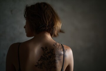 Woman's back with a floral tattoo design.