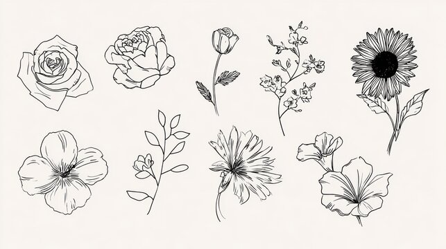 Single flower doodles drawing vector illustration. Spring flower outline set including a rose, sunflower daisy, hibiscus, peony, camellia, morning glory, etc.