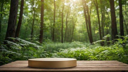 Empty circular platform in a lush forest setting.