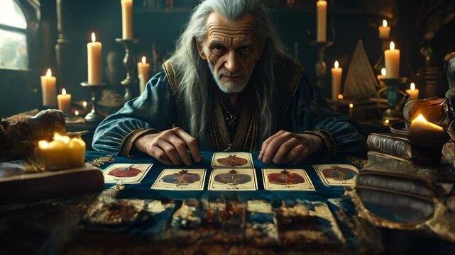 video of Foretelling the future using tarot cards, conducted by a seasoned and wise elderly individual