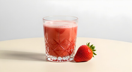 Vibrant Red Strawberry Juice in a Glass with a Fresh Whole Strawberry on a Light Wooden Table and White Background