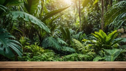 Fototapeta premium Lush tropical foliage backdrop on a wooden surface.