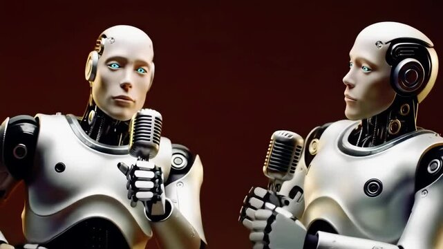 Two futuristic robots engage in a captivating duet performance in a vibrant setting