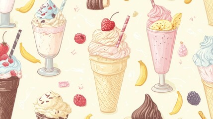 112.Whimsical dessert menu design with a variety of ice cream treats like banana splits and milkshakes, accented by cute doodle-like elements and soft, muted tones for a playful yet professional look.