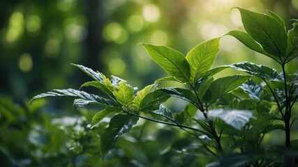 Lush green leaves in dappled sunlight.