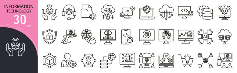 Information technology related icon collections. Containing computer, network, server, cloud, data, software, hardware, security, database, and support icons. Outline icons.