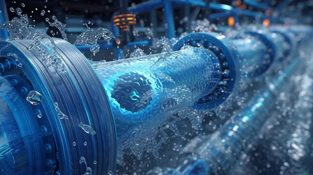 Water Flowing Through Industrial Pipeline with High Pressure and Splashing Water Effects in Modern Facility