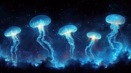 Glowing jellyfish in a cosmic nebula.