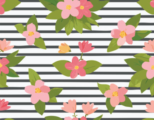 Obraz premium Vector cute cartoon hand drawn illustration. Seamless pattern of pink flowers and leaves on horizontal striped background with heart. Ideal for textile print, baby clothes, wallpaper,border, cosy, 