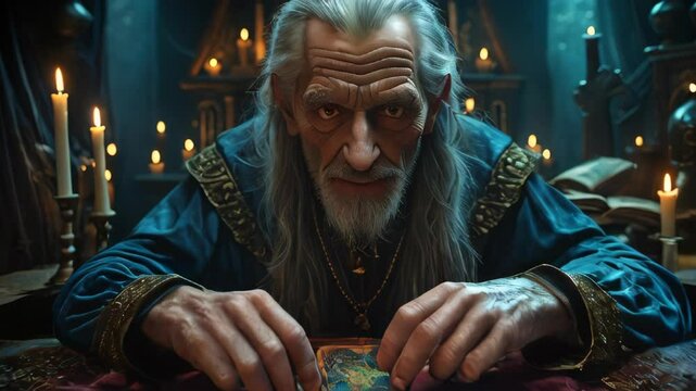 video of Foretelling the future using tarot cards, conducted by a seasoned and wise elderly individual