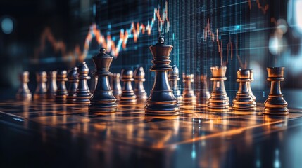 A chessboard with metallic chess pieces is set against a backdrop of digital financial graphs, symbolizing strategy and decision-making in business or trading.