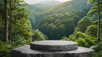 Gray stone pedestal in a lush forest landscape.
