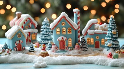 Naklejka premium Miniature christmas village scene with houses and trees.