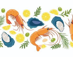 Horizontal vector pattern of seafood shrimps, oysters, lobster, lemons and olives. Mediterranean Dolce Vita style vintage illustrations for food, suitable for restaurant and marine cafe .butterfly, 