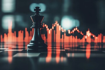 A black king chess piece stands on a board with glowing red financial graph lines in the blurred background.
