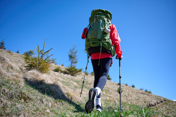Female hiker with backpack and trekking poles walking in the mountains. Adventure lifestyle in...