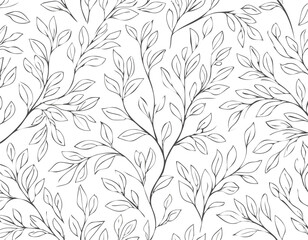 Seamless pattern with tree branches and leaves for surface design and other design projects. modern trend drawing in line art style. Delicate small leaves in watercolor.elegant, greenery, herb, print,
