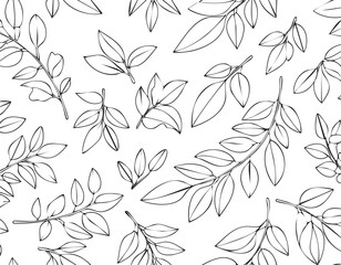Fototapeta premium Seamless pattern with tree branches and leaves for surface design and other design projects. modern trend drawing in line art style. Delicate small leaves in watercolor.elegant, greenery, herb, print,