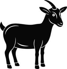 A minimalist black and white illustration of a stylized goat standing upright
